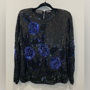 VINTAGE! Large Royal Feelings Long‎ Sleeved Black & Blue Beaded & Sequin…